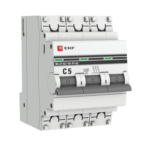 Автоматический выключатель 3P 5А (C) 4,5kA ВА 47-63 PROxima | код  mcb4763-3-05C-pro | EKF